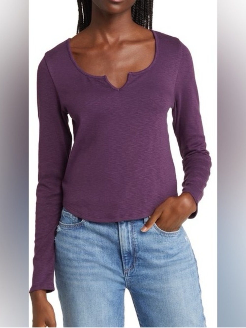 Madewell Purple Notch Neck Long Sleeve Cotton Modal Stretch Top Women’s Large L